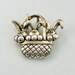 Vintage MJ Marie Jennifer‎ Silver Tone Bunnies in Easter Basket Brooch Pendant
